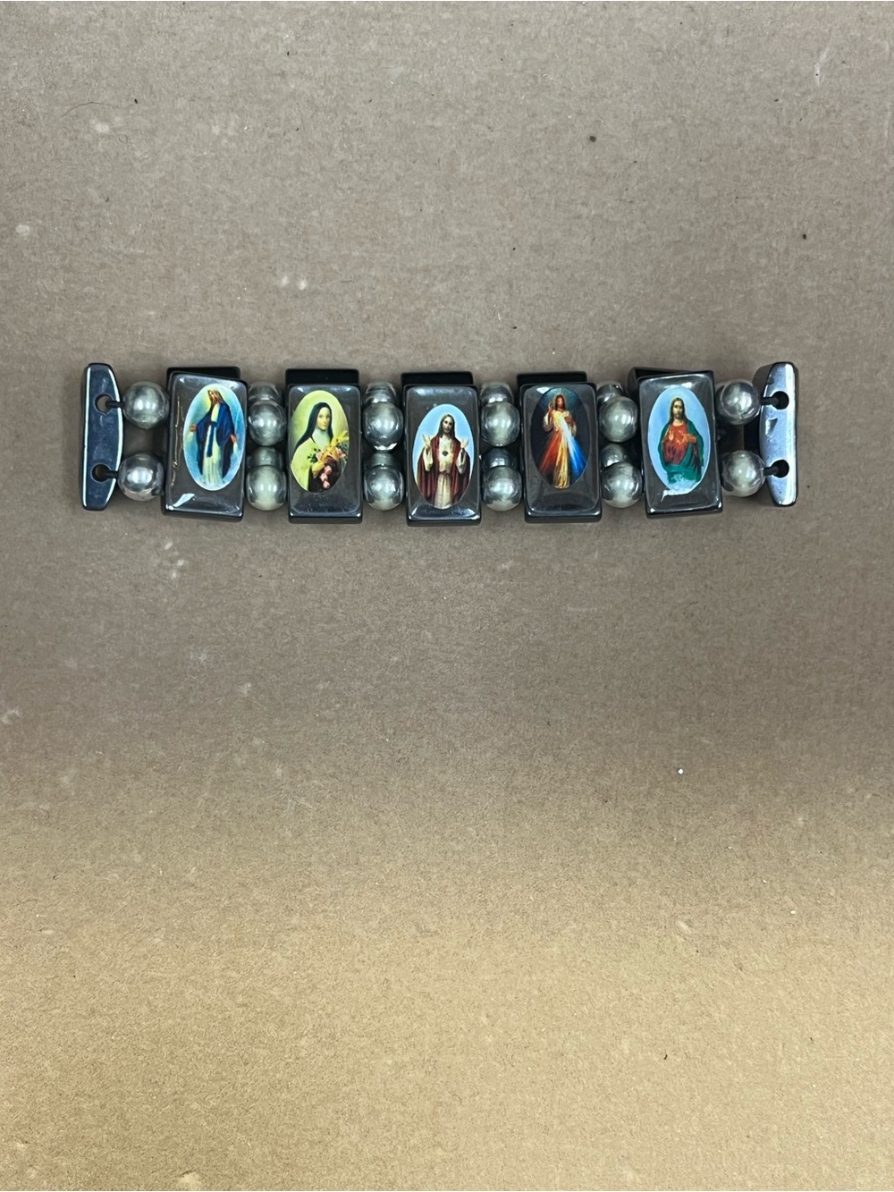 Religious Hematite Stretch Brclt Catholic Saints Virgin Mary Jesus Dbl Sided